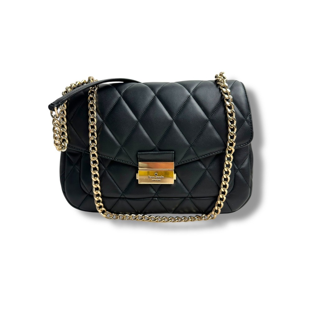 Kate Spade New York Quilted Leather Convertible Shoulder Bag Black Gold Chain